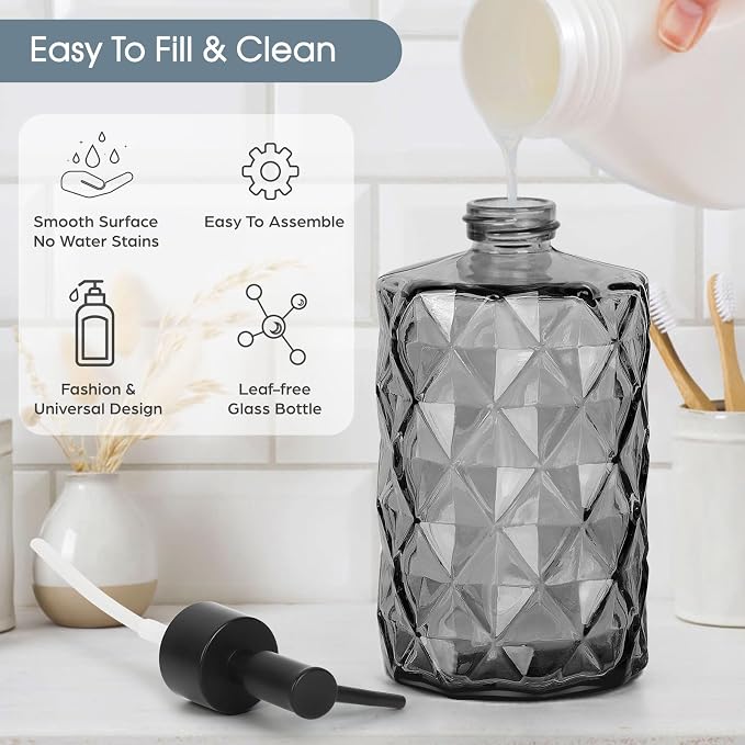 Topsky Glass Soap Dispenser with Plastic Pump, 330ml Liquid Hand Soap Dispenser, Rustproof Pump for Kitchen & Bathroom, Great for Lotions, Essential Oil, Liquid Soaps Clear Black