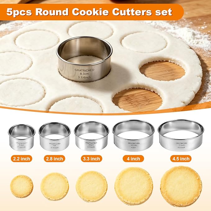 5 Pcs Stainless steel Cookie Cutters Set, Graduated Round Biscuit Cutter Used for Making Sandwich, Cake, Fried Egg, Doughnut, Dumpling Wrapper - Professional Baking Dough Tools