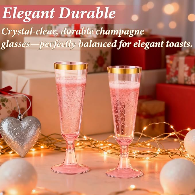 100 Pack Pink Plastic Champagne Flutes with Gold Rim, 5.5 Oz Clear Disposable Plastic Champagne Glasses, Wine Glasses Cups for Wedding Celebration Birthday Party Wine Tasting New Years Eve Supplies