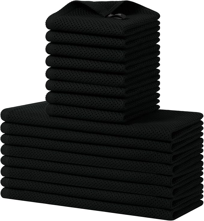 Homaxy 16 Pack 100% Cotton Kitchen Towels and Dishcloths Set, Black | 12 x 12 Inches and 13 x 28 Inches Kitchen Towels Set, Ultra Soft Absorbent Dish Cloths for Washing Dishes