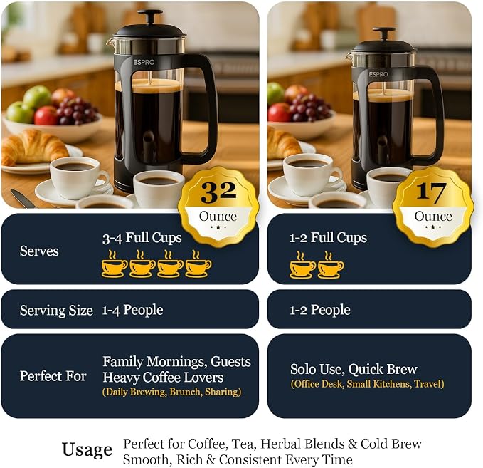 ESPRO P3 French Press Coffee Maker, 17oz, Black, Double Micro Filter Press | Grit-Free Coffee Press, Thicker Borosilicate Heat Resistant Glass french press, Tea Press, Easy Coffee Brewer, Tea Brewer