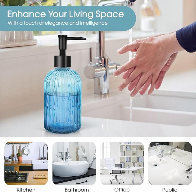 Topsky Stripe Glass Soap Dispenser with Black Plastic Pump, 400ml Liquid Hand Soap Dispenser, Rustproof Pump for Kitchen & Bathroom, Great for Lotions, Essential Oil, Liquid Soaps- (Light Blue)