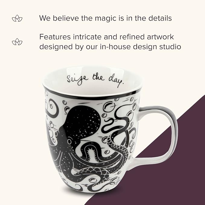 Karma Gifts 14 oz Black and White Boho Mug Octopus - Cute Coffee and Tea Mug - Ceramic Coffee Mugs for Women and Men