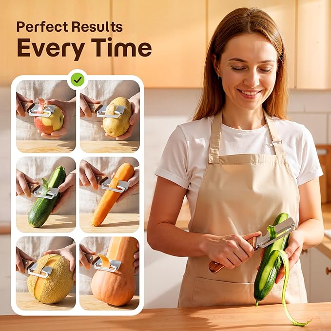 3-Pack Multi-Functional Vegetable Peeler for Kitchen Fruit Potato | 2026 Upgraded Ultra Sharp Stainless Steel Peelers with Ergonomic Wood Handle for Apple, Carrot, Pumpkin & kitchen Cooking