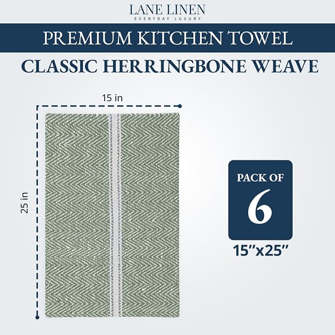LANE LINEN Kitchen Towels Set - 100% Pure Cotton Dish Towels for Kitchen, Super Absorbent Kitchen Hand Towel, Tea Towels, Soft & Durable Dish Cloths, Pack of 6 – 14”x25”, Olive
