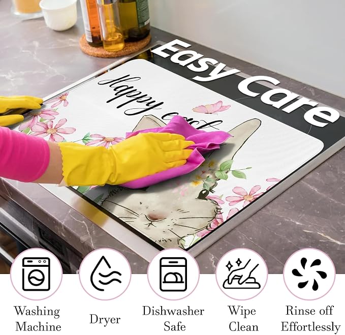 Happy Easter Glass Stove Top Covers for Electric Stove,Spring Bunny Rabbit Flowers Floral Cute Heat Resistant Cooktop Protector Non-Slip Washable Dish Drying Mat Rug Pad for Kitchen Decor 28"x20"