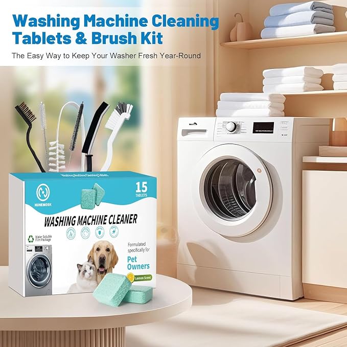 Washer Machine Cleaner Tablets 15 Pcs + Dryer Vent Cleaner Kit 12 Pack | Crevice Cleaning Brush for Bathroom, Shower & Kitchen, All-in-One Multi-Surface Scrubbing Brushes,Formulated for Pet Owners