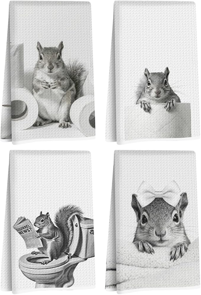 Jztco 4 Pcs Funny Squirrel Hand Towels, Squirrel Gifts Reusable Dish Towels | Cute Animal Waffle Weave Hand Towel for Bathroom Restroom Decor, Squirrels Lovers Gifts for Women Mom 24x14 Inch