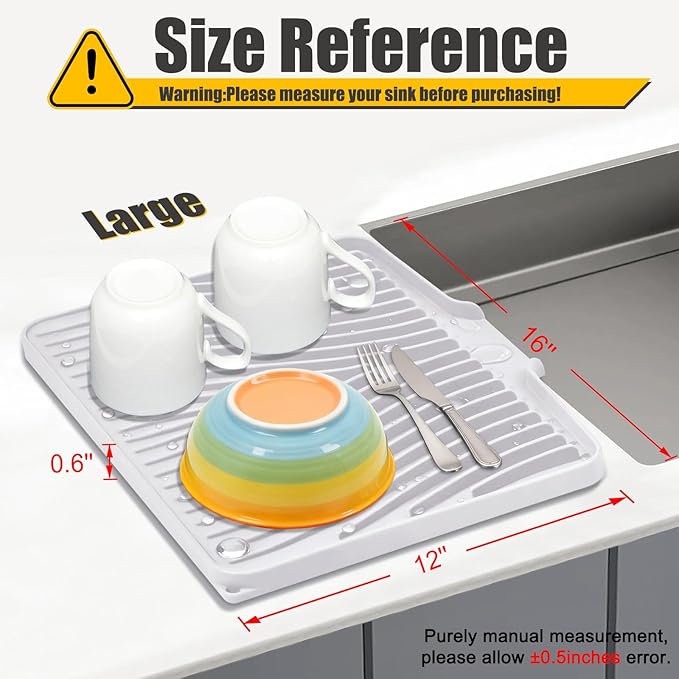 TIKNIK Silicone Dish Drying Mat for Kitchen Counter, White-1pcs, 16" x 12" | Heat Resistant & Non-Slip Dish Drain Pad with Built-In Drain, Dishwasher Safe, Quick-Dry, Hangable & Roll-Up for Storage