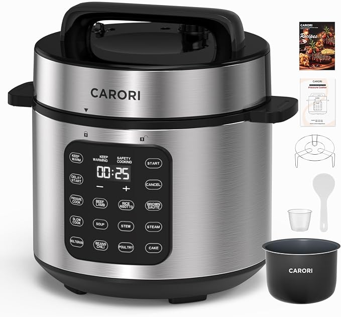 CARORI 6 Qt Electric Pressure Cooker, 9-in-1 Multi-Cooker with IMD Touchscreen, 24H Delay Start, Nonstick Ceramic Pot, Rice Cooker, Slow Cooker, Steamer, Sauté, Silver