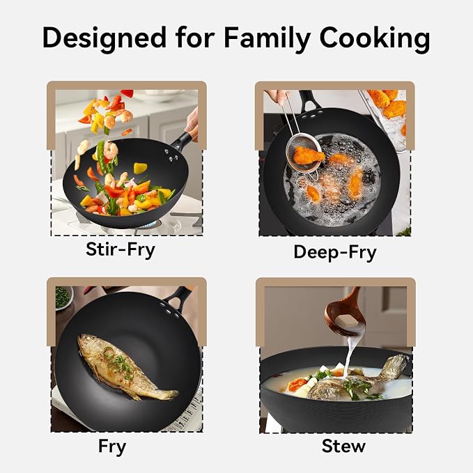 WANGYUANJI 11.8" High Purity Iron Wok Pan,Flat Bottom Stir Fry Pan for Electric,Induction & Gas Stoves,No Chemical Coating Carbon Steel Alternative,Traditional Hand-Hammered Skillet for Cooking