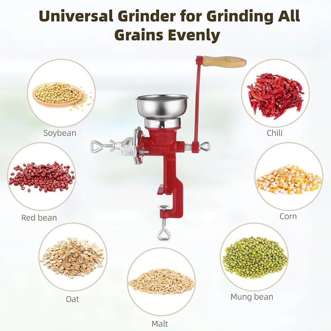 Corn Grinder Grain Manual,Cast Iron Crank Corn Grain Mill Grinder,Hand Powered Flour Mill,Wheat Grinder with Adjustable Coarseness & Wooden Handle for Home, kitchen, Coffee,14.6" Tall & 5.3" Hopper