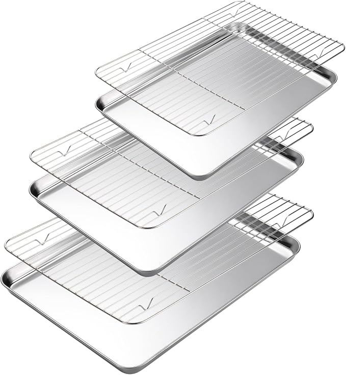 Amrules Baking Sheet with Cooling Rack, Set of 6, Kitchen Baking Pans | Including 3 Premium Stainless Steel Cookie Sheets, 3 Wire Racks, 3 Different Sizes, Nonstick, Heavy Duty Non Toxic