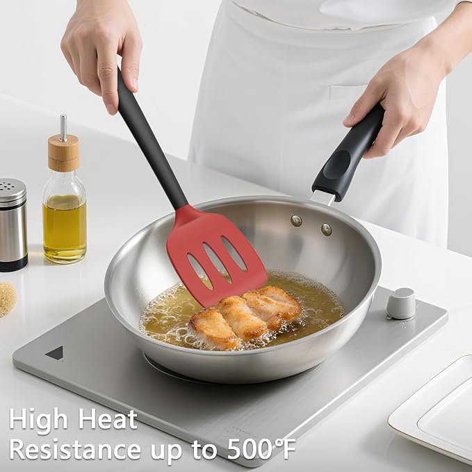 Coukre 3 Pack Silicone Spatula Set, Heat Resistant to 500°F, BPA-Free | Fish Spatula, Solid & Slotted Turners, Dishwasher Safe, Spatula Set for Eggs, Pancakes, Fish & Burgers, RedBlack