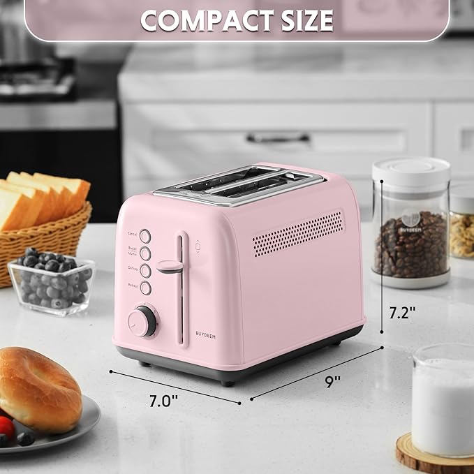 BUYDEEM DT620 2-Slice Toaster, 7 Shade Settings, Extra Wide 1.5'' Slots for Bagel & English Muffin, 6 Toasting Functions, Retro Stainless Steel Toaster with High Lift Lever, Pink