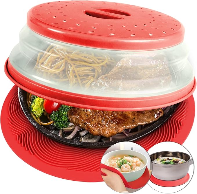 2 in 1, Aidacom Microwave Splatter Cover for Food & Silicone Microwave Mat, Mat as Bowl Holder, Trivet, Pot Holders, Drying, Baking, Utensils Rest for Kitchen Counter, Dishwasher Safe, Red
