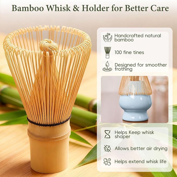 Matcha Whisk Set, Ceramic Matcha Set Includes Bowl & Holder, Bamboo Whisk (Chasen), Scoop, Spoon and Sifter, 6Pcs Matcha Kit Covers Everything Needed for Making Matcha (Leaf Blue)