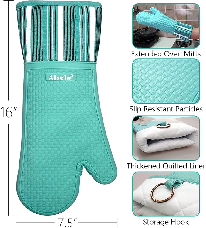 Alselo Silicone Oven Mitts Set, Heat Resistant 550 Degree,7.5"x16" | Extra Long Kitchen Mittens,Waterproof & Non-Silp Oven gloves for Baking Cooking Barbecue Microwave (Extra Long Blue, 2)