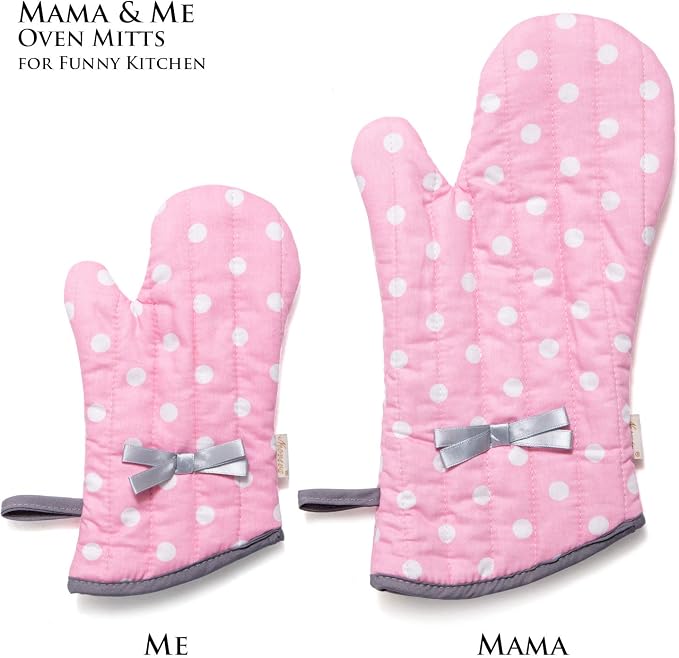NEOVIVA Kitchen Oven Mitts for Kids,Heat Resistant Cotton Oven Gloves | Set of 2,for Cooking,Baking,Play Kitchen,Farmhouse Restaurant,Polka Dots Pink