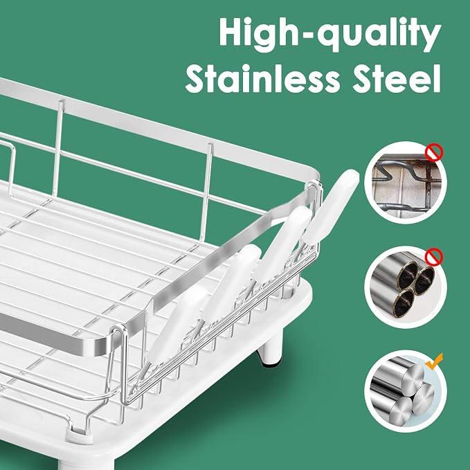 MOUKABAL Stainless Steel Dish Drying Rack for Kitchen Counter, White Silver | 13×17 Large Capacity/Drainboard with Rotating Spout/Removable Cup & Utensil Holders/Fast Drainage/Countertop Dish Drainer