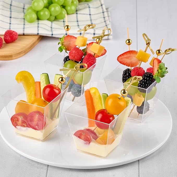50 Sets 7 oz Plastic Charcuterie Cups with 200 Sticks, Square Appetizer Cup with Cocktail Picks Mini Party Serving Cups for Fruit, Snack, Dessert