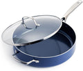 Blue Diamond 5QT Diamond Infused Ceramic Nonstick Sauté Pan with Lid, Blue | PFAS-Free Ceramic Nonstick Jumbo Cooker Skillet, Dishwasher & Oven Safe, Durable Metal Utensil Safe, Soups, Glass Lid