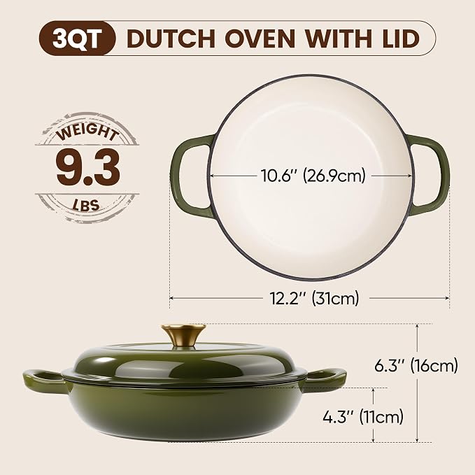 Vintage Style 3 Quart Enameled Cast Iron Braiser, Non Stick Enameled Cast Iron Skillet with Lid, Dutch Oven Skillet with lid up to 500°F for Oven, Stove, Grill, Shallow Dutch Oven for Cook, Bake (Golden Green)