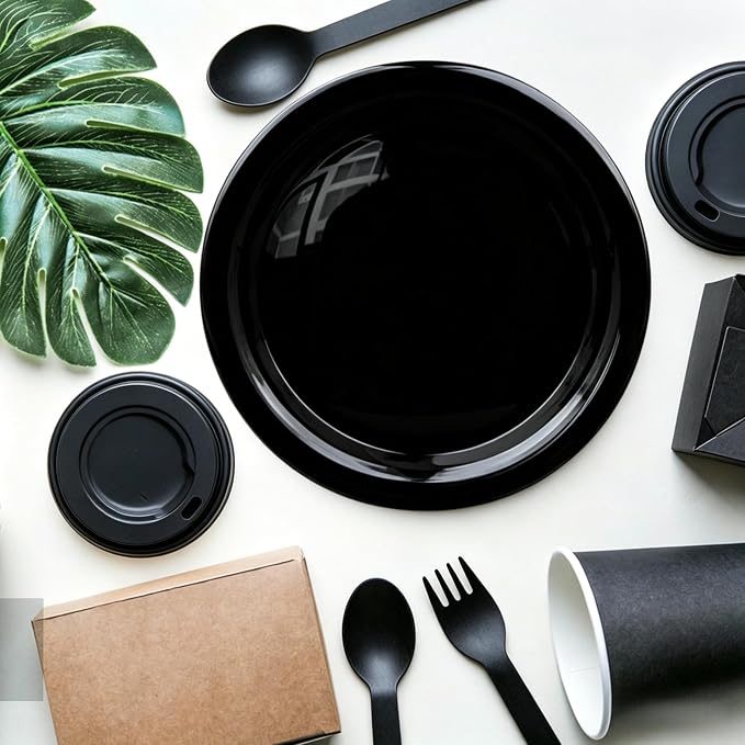 24Piece Plastic Plates and Bowls Sets Dinnerware Set Dishes Set for 4,College Dorm Room Essentials,Camping Plates and Bowls with Tumbler,Knives,Forks and Spoons,Mess Kit,Microwave Safe,BPA Free-Black