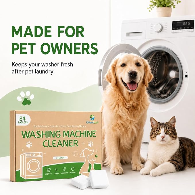ORIENTLEAF Washing Machine Cleaner for Pet Owners, 24 Tablets 1 Year Supply | Fragrance-free enzyme washer tablets for pet homes; help clean washer residue, less plastic and easy to store