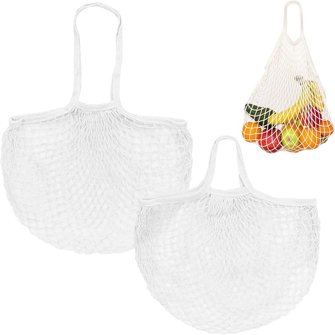M METERXITY 2-Pack Cotton Mesh Bag, Reusable Washable Mesh Net String Grocery Bags, Reusable Produce Bags with Handle, Net Tote Bag for Fruits/Vegetables Shopping [White, Long&Short Handle]