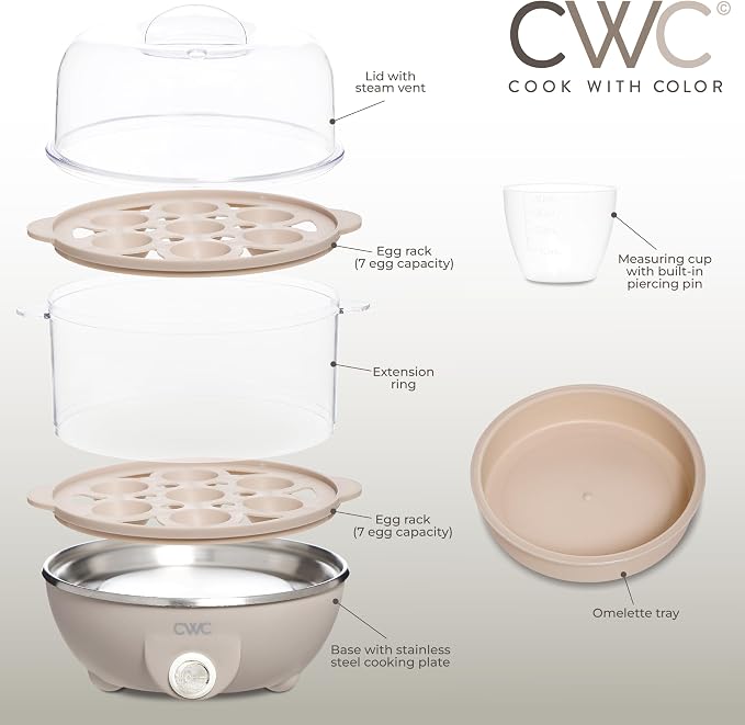 COOK WITH COLOR 350W Electric Double Layer Egg Cooker - Egg Boiler for Hard Boiled, Soft Boiled, and Omelettes, 6.1x6.1x8.7, Sand
