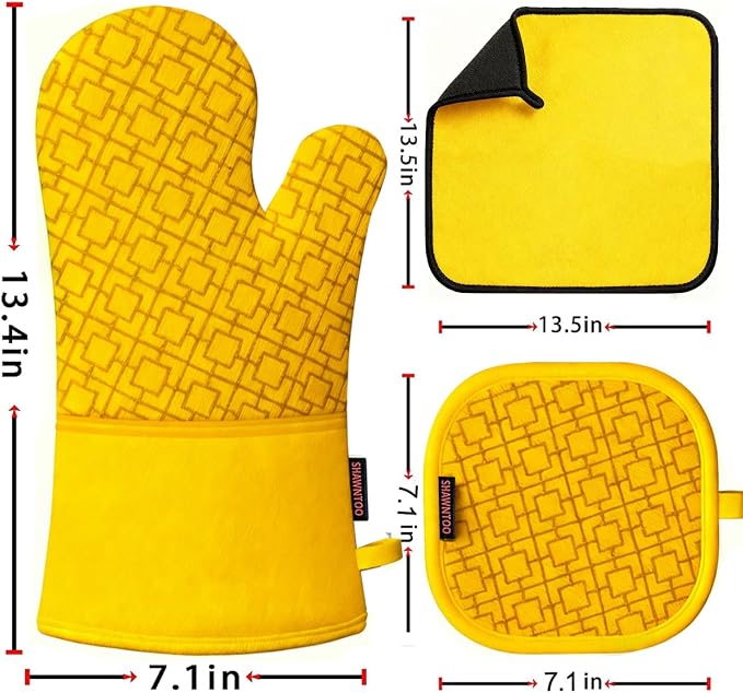 Oven Mitts and Pot Holders Sets 6pcs, Kitchen Oven Glove,High Heat Resistant 550 Degree Extra Long Oven Mitts and Potholders with Non-Slip Silicone Surface for Home Essentials (Grey) (Yellow)