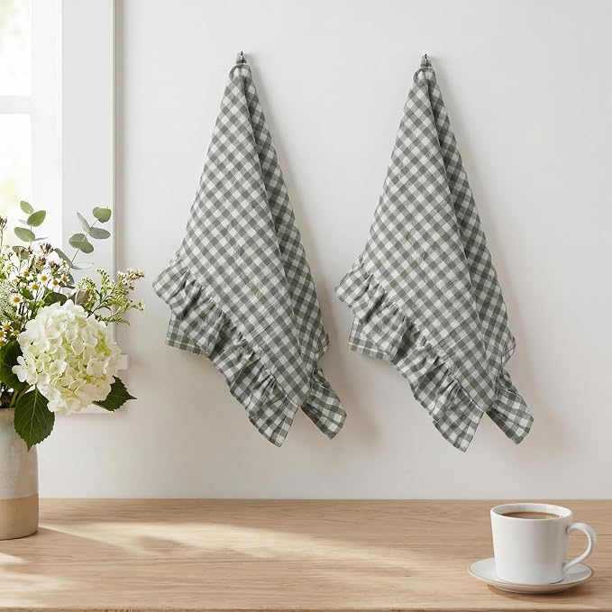 HunnmingRe 2 Pcs Sage Green Gingham Kitchen Towels Cotton Ruffled | Checked Dish Towels 18"x28" Tea Cloths Plaid Cottage Core Kitchen Decor for Farmhouse Charm Drying Dishes Entertaining Guests