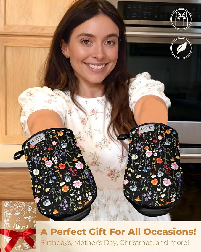 100% Thick Cotton Mini Oven Mitts Silicone Grip Colorful Floral | Elegant Classic Oven Mitts for Women, Machine Washable, Non-Slip, Reversible Design Fits Both Hands, Stylish Kitchen Decor