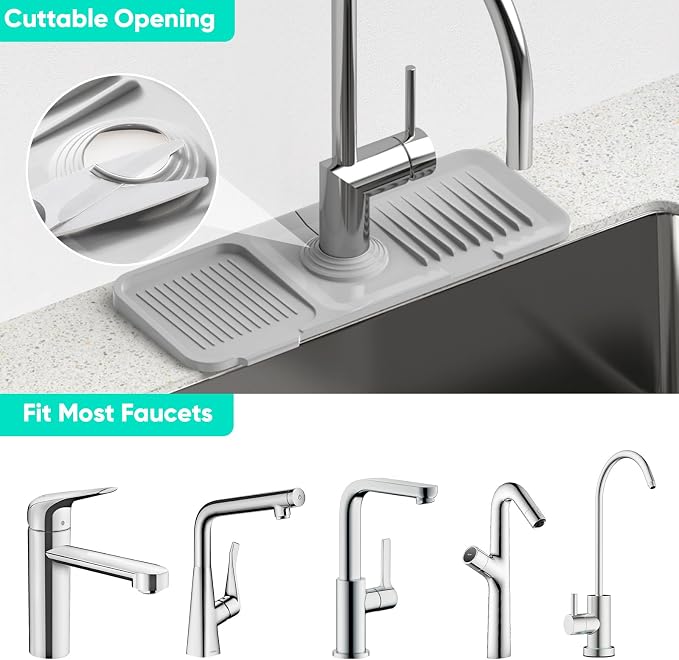 14.6'' Faucet Mat for Kitchen Sink [5°Slope Fast Self-draining] Kitchen Sink Splash Guard Silicone Kitchen Sink Faucet Mat Splash Guard for Kitchen Sink Area Faucet Guard Draining Mat Light Gray