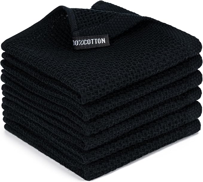 Kitchen Towels 6-Pack Kitchen Dish Cloths,100% Cotton,12x12 In,Black | Towels Waffle Weave,Ultra Soft Absorbent, Quick Drying