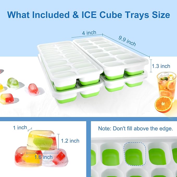 Ice Cube Tray, Ice Cube Trays for Freezer 4 Pack with Lids, Ice Tray Easy-Release, Ice Trays for Freezer Stackable, Silicone Ice Cube Tray for Drinks, Coffee - BPA-Free and Odor-Free（56 Cubes）