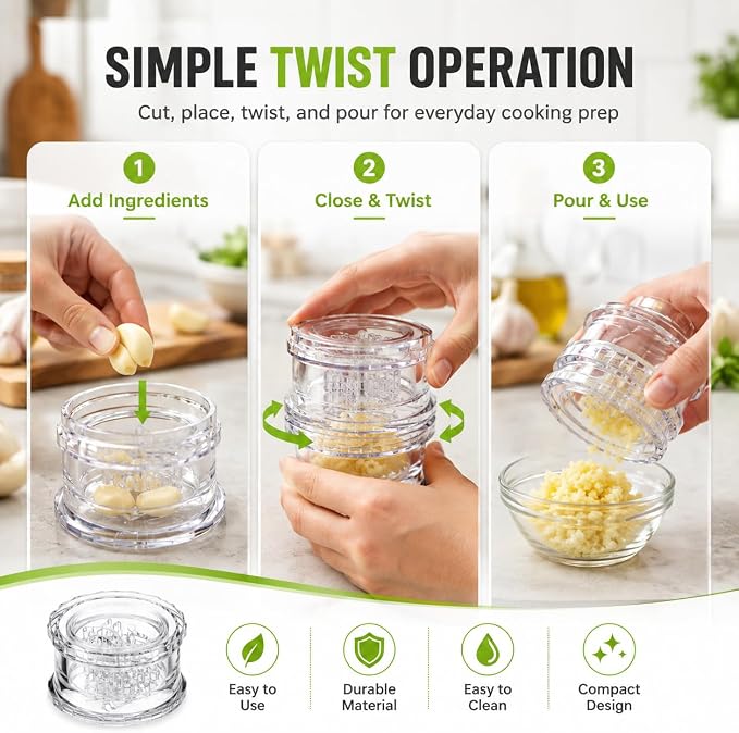 2027 New Garlic Mincer, 2PCS Clear Manual Garlic Twister and Ginger Mincer Tool, Garlic Chopper, Garlic Crusher & Garlic Grinder for Garlic, Ginger, Onion, Herbs and Nuts, Manual Kitchen Gadget