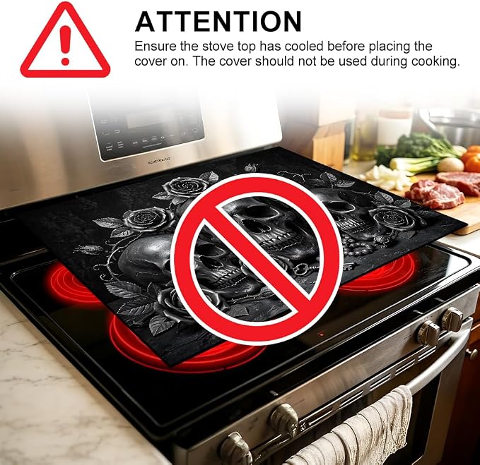 Gothic Skull Stove Top Cover for Electric Stove, 28x20 In Mat | Heat-resistant non-slip mat holds hot cookware; glass cooktop protector, dish drying; black rose halloween kitchen decor
