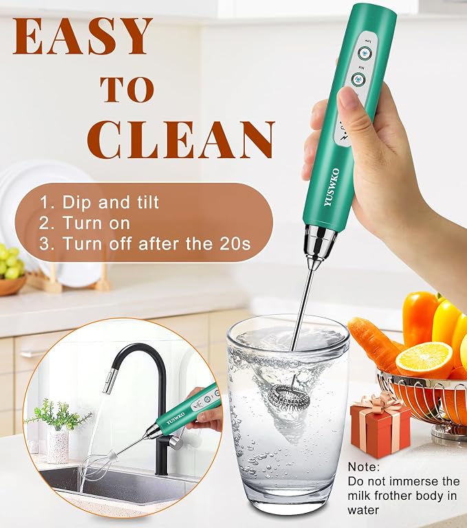YUSWKO Handheld Milk Frother Wand for Coffee, Rechargeable Electric Whisk with 3 Heads 3 Speeds Drink Mixer Coffee Frother For Latte, Cappuccino, Hot Chocolate, Egg, Green with Holder