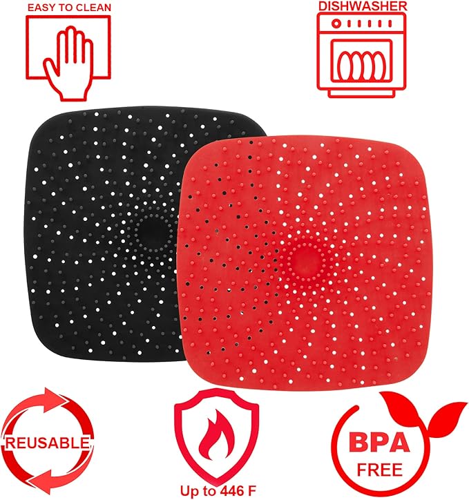 Upgrade Reusable Air Fryer Liners with Raised Silicone | Patented Product | BPA Free Non-Stick Air Fryer Mats | Air Fryer Silicone Tray Accessories | 2 Size Options – 9 Inch Square