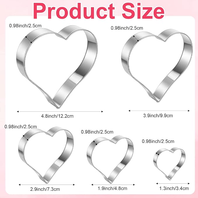 Heart Cookie Cutter Set, 5 Pieces Heart Cookie Cutter for Valentine's Day, Stainless Steel Small Heart-shaped Molds Fondant Biscuit Fruit Cutters for Valentines Day Holiday Birthday Party Supplies