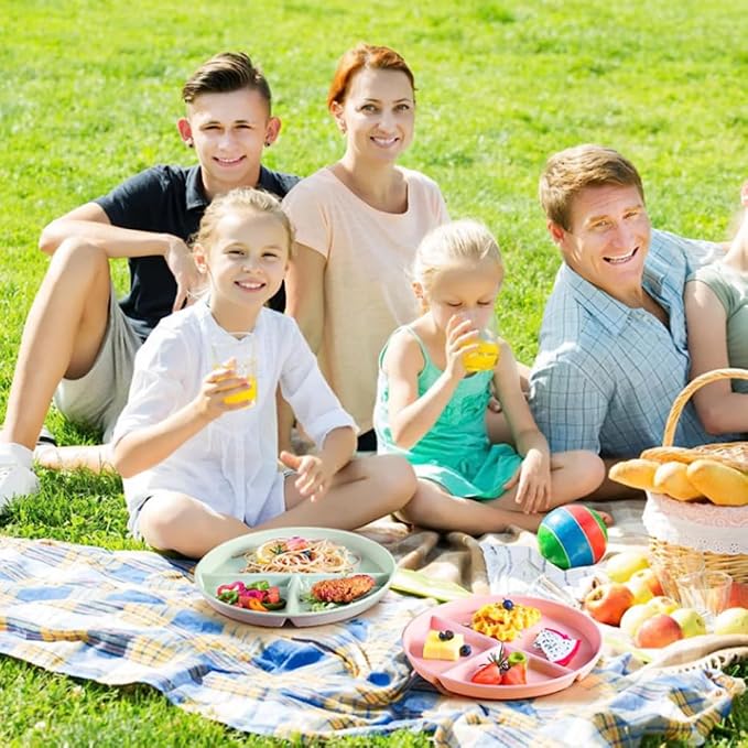 PUPOPIK 9" Unbreakable Divided Plates Set of 5, Wheat Straw Plate Reusable Dinnerware Portion Control Plates, Round Bariatric Plastic Plate for Kids Adults, BPA-free, Dishwasher Safe