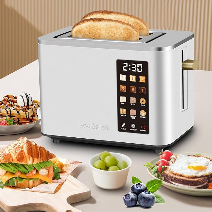 SEEDEEM Touchscreen Toaster 2 Slice, Stainless Steel, 6 Shade, 900W, Silver