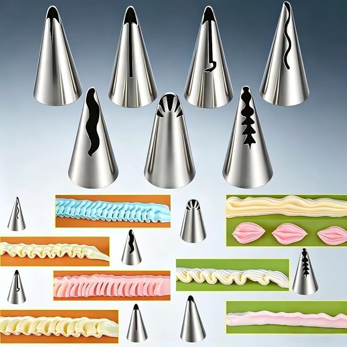 10Pcs Pleated Skirt Ruffle Piping Tips, 304 Stainless Steel Vintage Nozzles with Coupler, Cleaning Brush & Reusable Silicone Piping Bags for Cupcakes, Cookies & Pastry