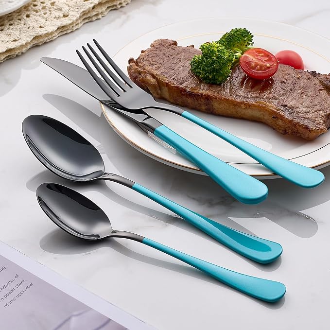 20-Piece Lake Blue Silverware Set 18/0 Stainless Steel Black Silverware Set Lake Blue Handle Cutlery Black Set Service for 4 Dinner Knives Forks Spoons Flatware Set Dishwasher Safe
