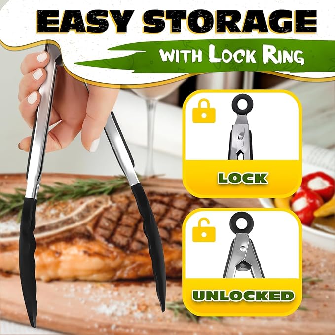 Kitchen Tongs Set of 3, 7/9/12 in, Stainless Steel (Black) | Cooking Tongs with Silicone Tips, Easy-Lock, Heat Resistant, Won't Scratch Pans, Dishwasher Safe, for Grilling, Salad & Pasta