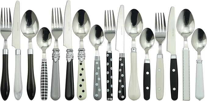 Gypsy Color Eclectic Black & White Mix & Match Stainless Steel Flatware Collection, Set of 16