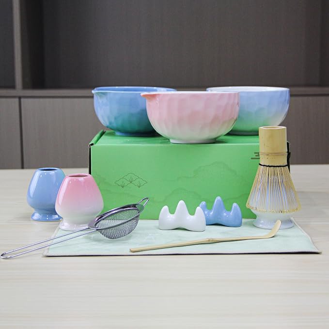 Matcha Whisk Set – Ceramic Matcha Bowl with Pour Spout, Bamboo Whisk, Whisk Holder, Scoop, Sifter – Japanese Matcha Kit for Beginners (Gradient Blue)