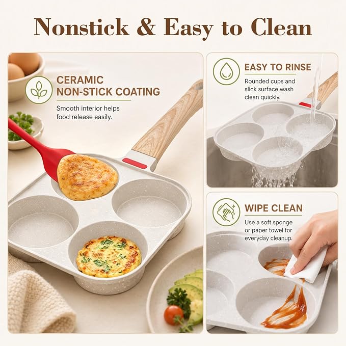Egg Pan, Premium Egg Pans Nonstick, Omelette Pan with Lid , Healthy Egg Frying Pan for Breakfast, Egg Sandwich, Hamburger, Pancake, Egg Skillet Suitable for Gas Stove & Induction Cookware (White)